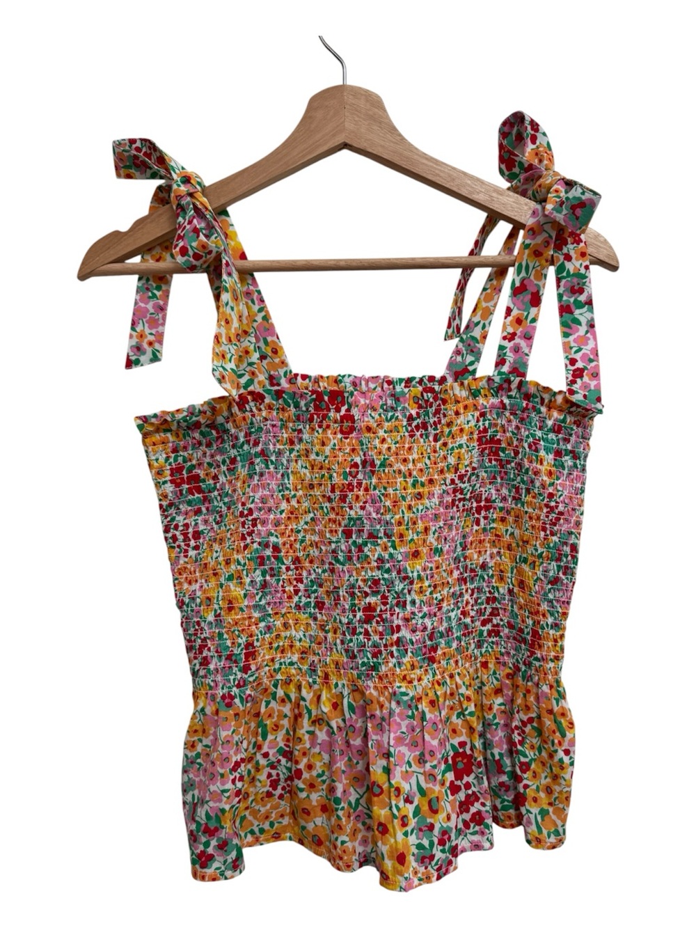 J. Crew Factory Smocked Tie Shoulder Blouse Top Women Small Floral Preppy Vacay